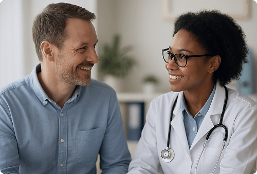 Patient and clinician smiling